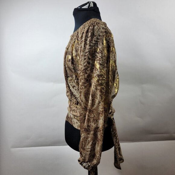 BCBG Maxazria Metallic Paisley Sheer Wrap Blouse Sz S - Picture 10 of 15
